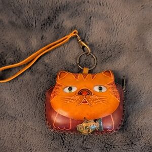 Handmade Leather Cat Coin Purse with Keychain and Wrist Strap